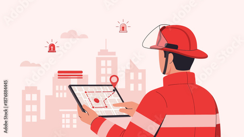 Firefighter Uses Tablet To Find The Best Route In The Cityscape At Night
