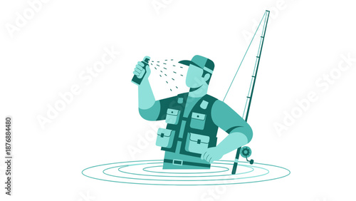 Fisherman Applying Insect Repellent While Standing in Water With Fishing Rod