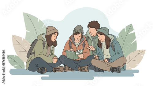Friends Planning Hike Adventure Exploring New Trail Together Outdoors Illustration