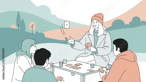 Friends Playing Cards Outdoors Enjoying the Moment Together in a Beautiful Scene