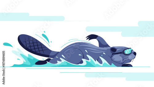 Funny Beaver Character Swimming In Water Wearing Goggles Cartoon Illustration