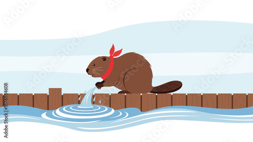 Funny Beaver With Red Scarf On A Wooden Bridge With Water Illustration