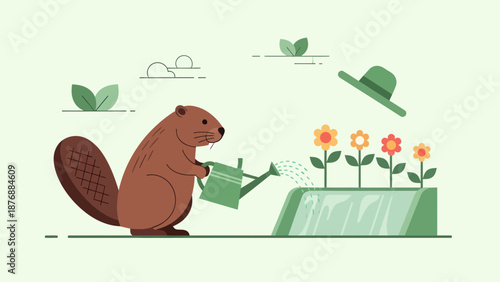 Funny Beaver Watering Flowers In The Garden Cartoon Flat Vector Illustration