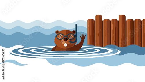 Funny Beaver Enjoying A Summer Day Wearing Snorkel Mask And Waving In The Water