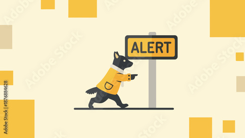 Funny Canine Alert Sign With A Trendy Coat And Pointing Finger Vector Illustration