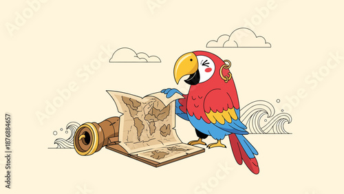 Funny Parrot Pirate Cartoon Reads Treasure Map With Spyglass In Tropical Landscape