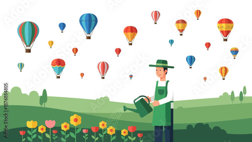 Gardener Watering Flowers Beneath Colorful Hot Air Balloons in Serene Landscape