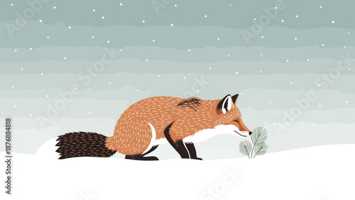 Fox In Snowy Landscape Illustration For Winter Season And Holiday Season