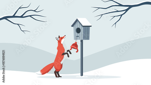 Fox Gazing At A Birdhouse Trying To Snatch A Red Winter Hat In A Snowy Landscape