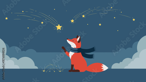 Fox Looking At Shooting Stars Amidst Nighttime Clouds In A Whimsical Style