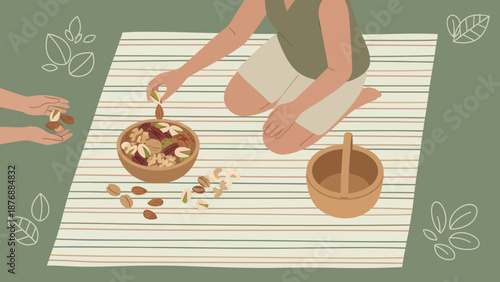 Gathering Nuts Together, A Nutritious Snack In A Natural Setting Illustration