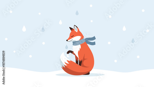 Fox In Winter Serenity Wearing A Blue Scarf In A Peaceful Snowy Landscape