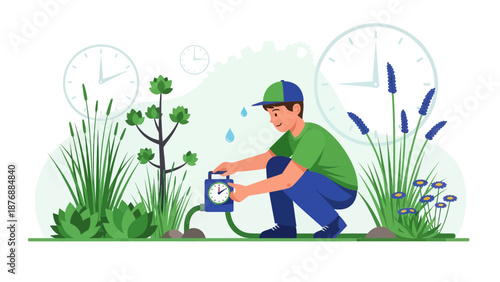 Gardening Time: Man Watering Plants with Timer in Garden Illustration