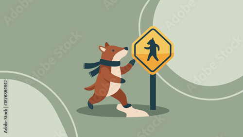 Fox Learns Road Safety Next To Pedestrian Crossing Road Sign Illustration