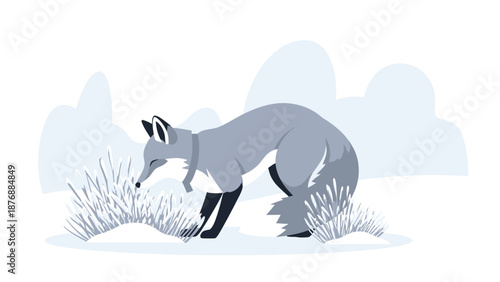 Fox Looking For Food In Snowy Wild Landscape Flat Vector Illustration
