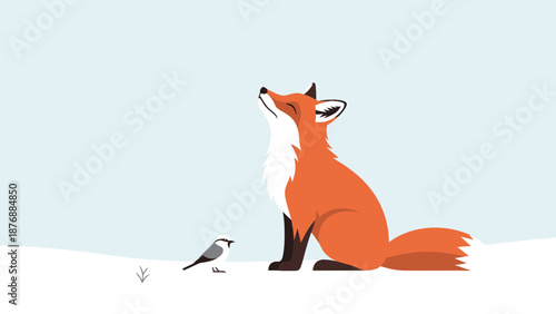 Fox Looking Upward With Bird Winter Scene Flat Design Minimalist Artwork