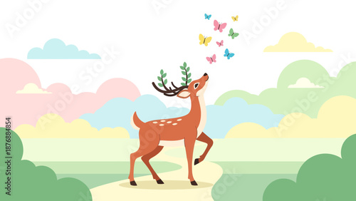 Gentle Deer Gazing At Butterflies In Pastel Landscape Cartoon Style Illustration