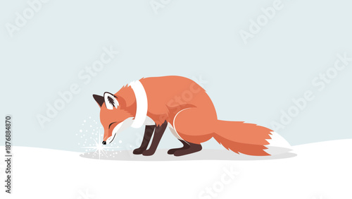 Fox Sniffing Snowflakes In Winter Landscape Minimalist Flat Vector Style