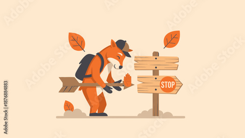 Fox Traveler Respects Forest Signage Stop For Conservation And Navigation Concept