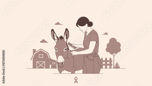 Gentle Grooming Bond Between Young Woman And Donkey In Countryside Setting