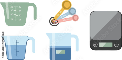 Flat design set of 6 measuring tools measuring cup measuring spoon set glass jug and digital scale