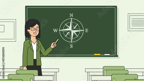Geography Lesson Teacher Explains Compass Rose Direction in Class Room