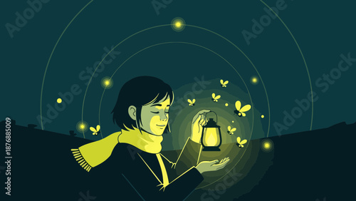 Girl And Lantern Surrounded By Fireflies In Tranquil Night Environment