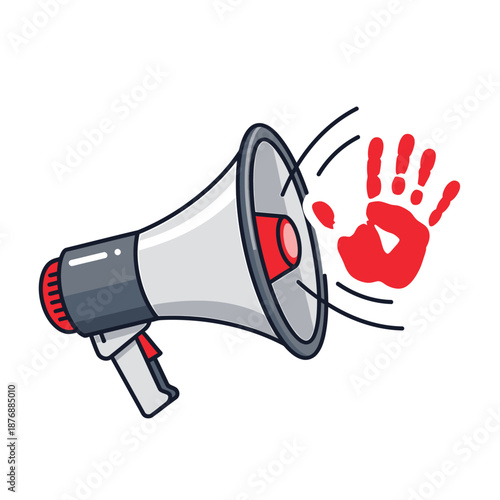Megaphone illustration with red handprint and motion lines conveying loud announcement or protest scene