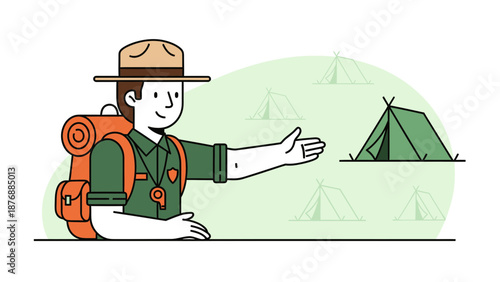 Friendly Campground Ranger Welcoming Visitors To A Picturesque Outdoor Camping Adventure