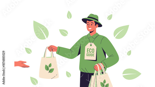 Friendly Eco Guide Offers Sustainable Shopping Bags In A Bright Green Scene