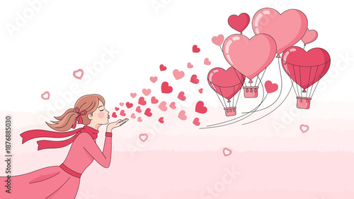 Girl Blowing Heart Kisses And Sending Love With Heart Balloons In Air