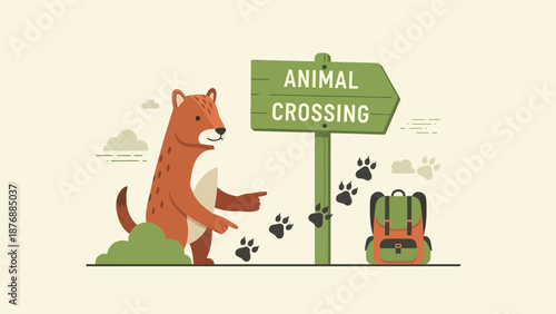Friendly Cartoon Animal Points At Hiking Trail With Backpack At Animal Crossing Sign