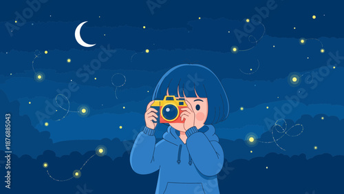 Girl Capturing Night Beauty With Retro Camera Under Crescent Moon And Sparkling Lights