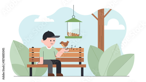 Friendly Encounter Boy with Bird on Hand at Park Bench Vector Illustration
