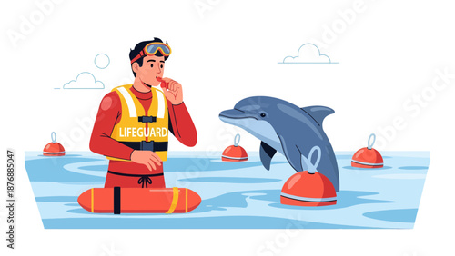 Friendly Encounter A Lifeguard And A Dolphin In The Blue Sea At Work