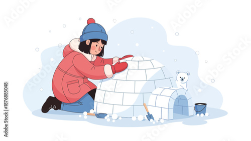 Girl Building Igloo In Winter Wonderland Scene Enjoying Outdoor Activities