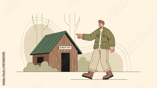 Friendly Forest Ranger Guides Visitors To Cozy Cabin Stay On Nature Trail