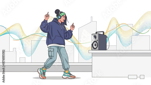 Girl Dancing With Headphones And A Music Wave In Urban Area