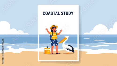 Girl Discovering Coastal Life With Pelican Friend On A Beautiful Beach