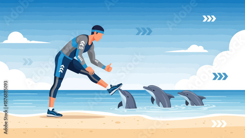 Friendly Interaction Between Athlete And Dolphins On Beach With Ocean View