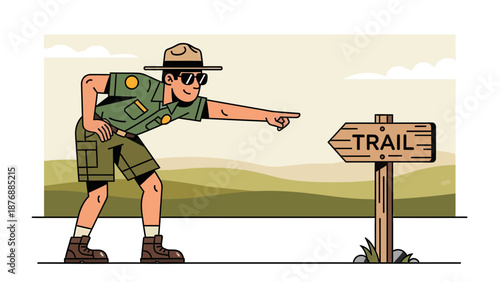 Friendly Ranger Guiding Visitors Towards Designated Hiking Trails With Signpost