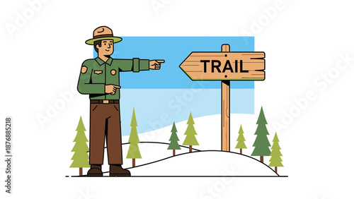 Friendly Park Ranger Directing To Mountain Trail During Winter Season