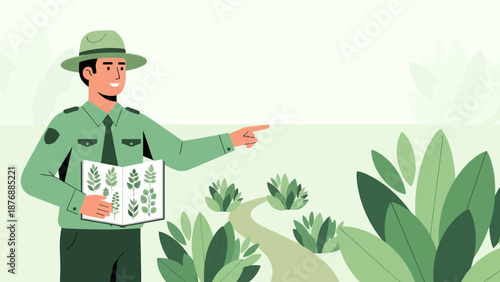 Friendly Park Ranger Explaining Local Plant Life And Nature In National Park