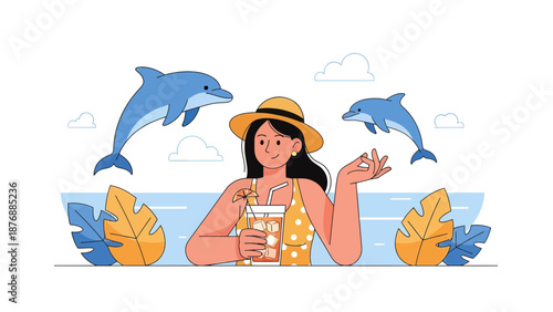 Girl Enjoying Summer With Refreshing Drink And Dolphins Animated Illustration