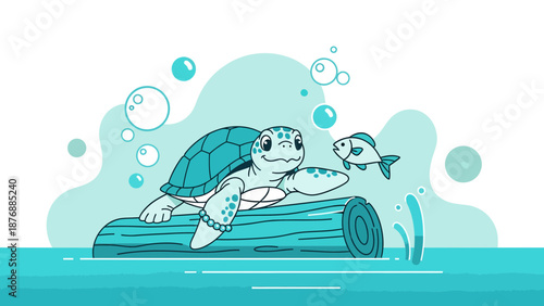 Friendly Turtle Meeting A Fish On The Log In Water Cartoon Illustration