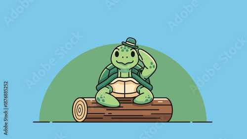 Friendly Turtle Character Saluting While Sitting On A Log With A Green Background
