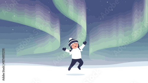 Girl Enjoying The Northern Lights At Winter Season Outdoor Illustration