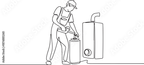 Single one line drawing male plumber in overall is installing water heater or boiler. Home repair, maintenance and plumbing services. Handyman concept. one line Icon drawing