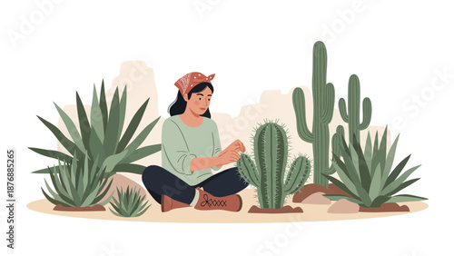 Girl Examining Cactus In Desert Plants Studying Botany Nature Hobby