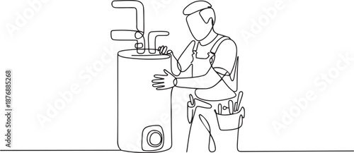 Single one line drawing male plumber in overall is installing water heater or boiler. Home repair, maintenance and plumbing services. Handyman concept. one line Icon drawing